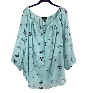 Alyx Semi Sheer Tunic Top Womens Plus Sz 3X Aqua Blue Floral 2 pc Lined Blouse